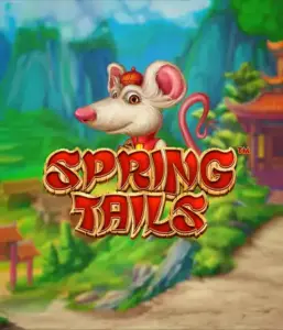 A charming illustration of a white rat wearing a red traditional Chinese outfit positioned in front of a picturesque mountain backdrop. The image promotes the Spring Tails game by Betsoft, showcased with striking red and gold logo text.