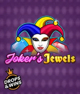 Experience the vibrant charm of the Joker's Jewels game by Pragmatic Play, highlighting a charming joker's mask decorated with a brightly colored jester hat. This graphic conveys the light-hearted fun of classic slots, set against a purple background. Perfect for those who love classic slot games, delivering a thrilling adventure. 